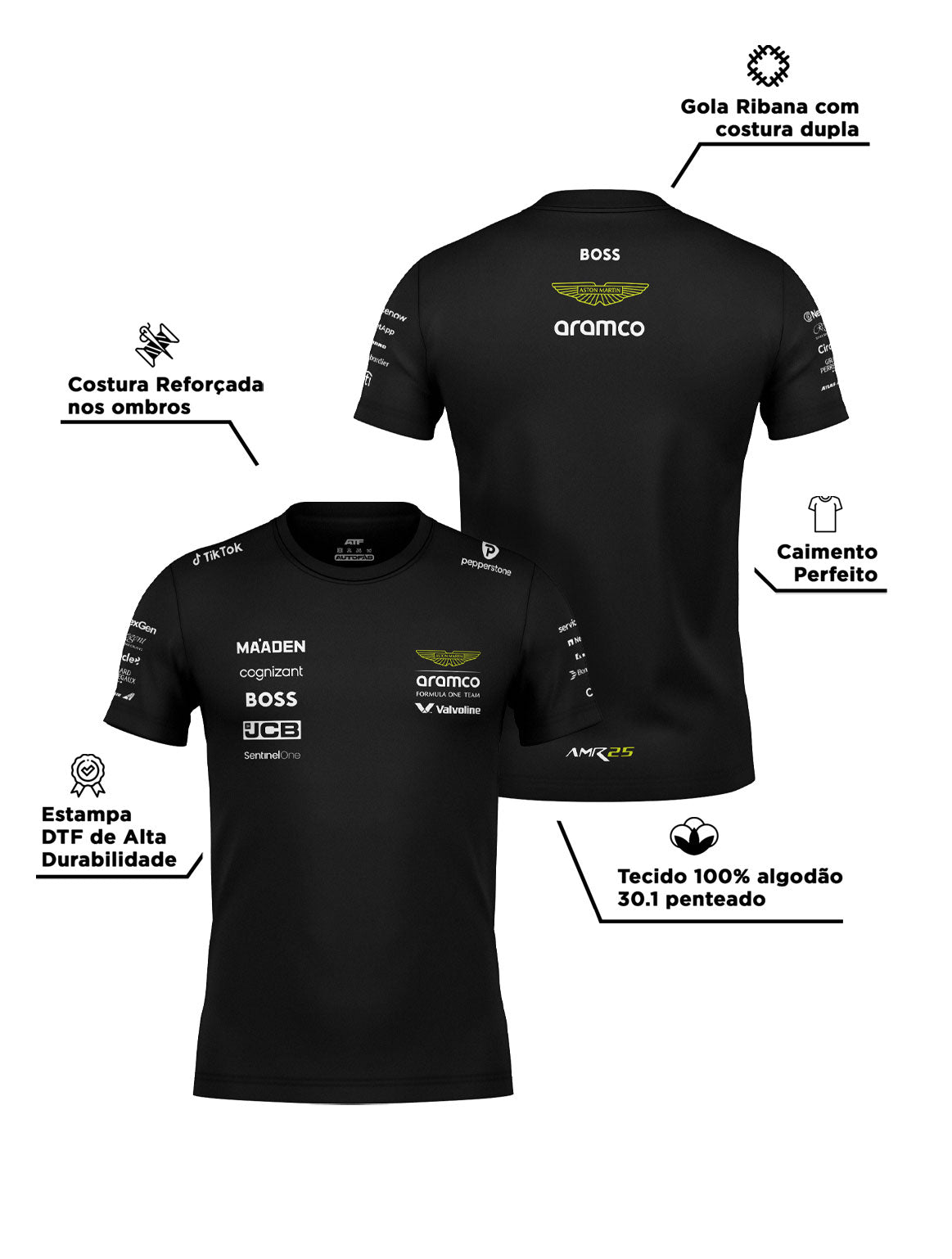 Camiseta Algodão Aston Martin Equipe Preto 2025